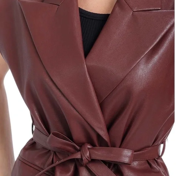 Vegan Leather Oversized Lined Belted Cap Sleeve Vest in Burgandy w Pockets - Picture 2 of 3